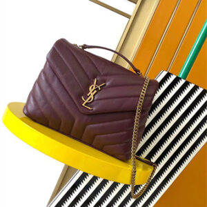 Y.S.L LOULOU SMALL In Burgundy Quilted Calfskin Leather Gold Tone Metal