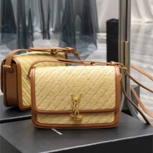 Y.S.L SOLFERINO MEDIUM SATCHEL IN Raffia and Vegetable Tanned Leather Gold Tone Metal