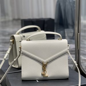 Y.S.L CASSANDRA MEDIUM TOP HANDLE BAG IN DE POUDRE EMBOSSED LEATHER Gold Tone Metal White Color