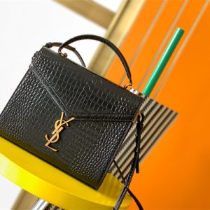 Y.S.L CASSANDRA MEDIUM TOP HANDLE BAG IN CROCODILE EMBOSSED LEATHER Gold Tone Metal Black Color