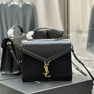 Y.S.L CASSANDRA MEDIUM TOP HANDLE BAG IN Suede and Smooth Leather Gold Tone Metal Black Color
