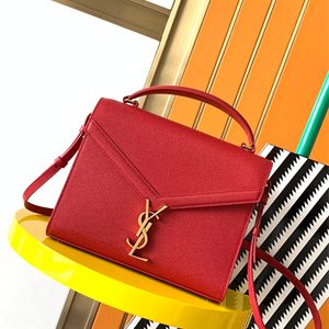 Y.S.L CASSANDRA MEDIUM TOP HANDLE BAG IN DE POUDRE EMBOSSED LEATHER Gold Tone Metal Red Color