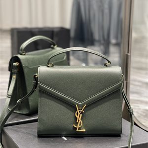 Y.S.L CASSANDRA MEDIUM TOP HANDLE BAG IN DE POUDRE EMBOSSED LEATHER Gold Tone Metal Green Color