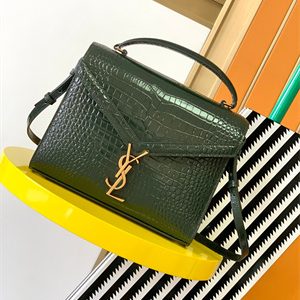 Y.S.L CASSANDRA MEDIUM TOP HANDLE BAG IN CROCODILE EMBOSSED LEATHER Gold Tone Metal Green Color
