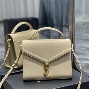 Y.S.L CASSANDRA MEDIUM TOP HANDLE BAG IN DE POUDRE EMBOSSED LEATHER Gold Tone Metal Beige Color