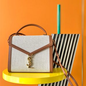 Y.S.L CASSANDRA MEDIUM TOP HANDLE BAG IN Cotton Canvas and Leather Gold Tone Metal