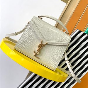 Y.S.L CASSANDRA MINI TOP HANDLE BAG IN CROCODILE EMBOSSED LEATHER Gold Tone Metal White Color