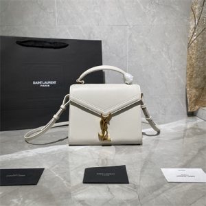 Y.S.L CASSANDRA MINI TOP HANDLE BAG  IN DE POUDRE EMBOSSED LEATHER Gold Tone Metal White Color