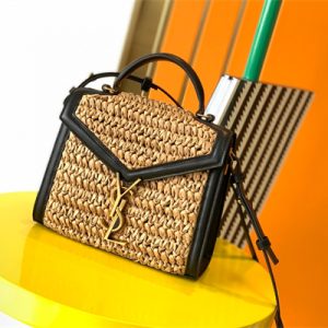 Y.S.L CASSANDRA MINI TOP HANDLE BAG IN Raffia and Leather Gold Tone Metal