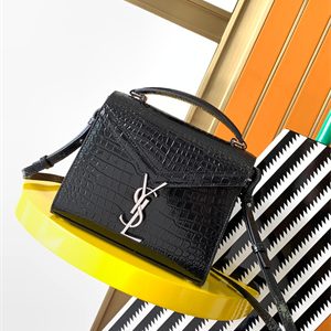 Y.S.L CASSANDRA MINI TOP HANDLE BAG IN CROCODILE EMBOSSED LEATHER Silver Tone Metal Black Color