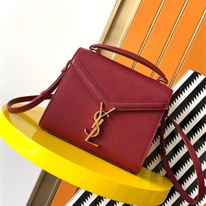 Y.S.L CASSANDRA MINI TOP HANDLE BAG IN DE POUDRE EMBOSSED LEATHER Gold Tone Metal Burgundy Color