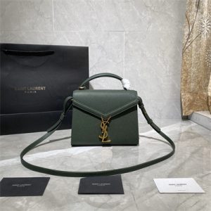 Y.S.L CASSANDRA MINI TOP HANDLE BAG IN DE POUDRE EMBOSSED LEATHER Gold Tone Metal Green Color