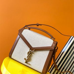 Y.S.L CASSANDRA MINI TOP HANDLE BAG IN Cotton Canvas and Leather Gold Tone Metal