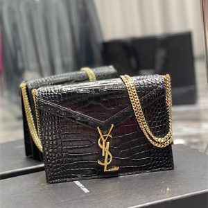 Y.S.L CASSANDRA CHAIN BAG IN CROCODILE EMBOSSED LEATHER Gold Tone Metal Black Color