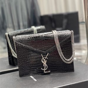 Y.S.L CASSANDRA CHAIN BAG IN CROCODILE EMBOSSED LEATHER Silver Tone Metal Black Color