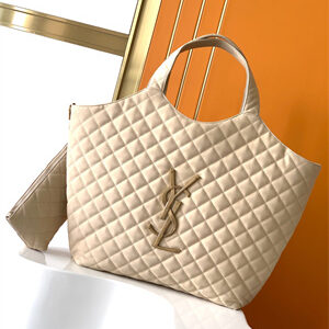 Y.S.L ICARE MAXI SHOPPING BAG IN QUILTED LAMBSKIN Beige Color Gold Tone Metal