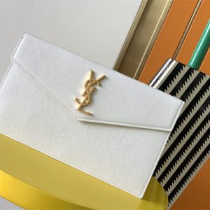 Y.S.L UPTOWN POUCH IN GRAIN DE POUDRE EMBOSSED LEATHER White Color Gold Tone Metal