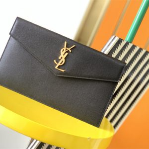 Y.S.L UPTOWN POUCH IN GRAIN DE POUDRE EMBOSSED LEATHER Black Color Gold Tone Metal