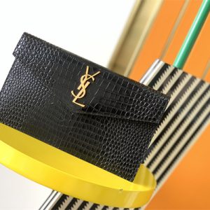 Y.S.L UPTOWN POUCH IN CROCODILE EMBOSSED LEATHER Black Color Gold Tone Metal