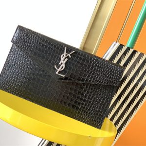 Y.S.L UPTOWN POUCH IN CROCODILE EMBOSSED LEATHER Black Color Silver Tone Metal