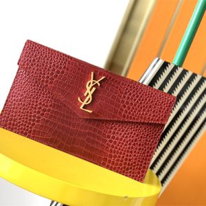 Y.S.L UPTOWN POUCH IN CROCODILE EMBOSSED LEATHER Red Color Gold Tone Metal