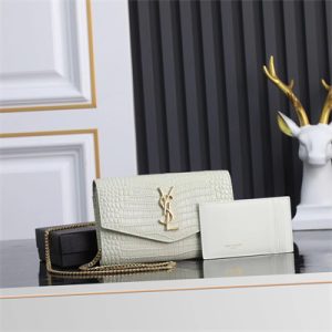 Y.S.L UPTOWN CHAIN WALLET IN CROCODILE EMBOSSED LEATHER White Color Gold Tone Metal