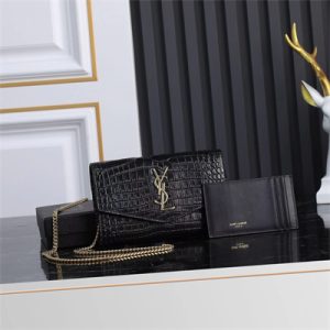 Y.S.L UPTOWN CHAIN WALLET IN CROCODILE EMBOSSED LEATHER Black Color Gold Tone Metal