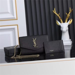 Y.S.L UPTOWN CHAIN WALLET IN GRAIN DE POUDRE EMBOSSED LEATHER Black Color Gold Tone Metal