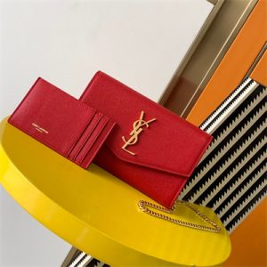 Y.S.L UPTOWN CHAIN WALLET IN GRAIN DE POUDRE EMBOSSED LEATHER Red Color Gold Tone Metal