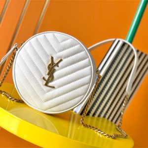 Y.S.L VINYLE ROUND CAMERA BAG IN White Chevron Quilted Grain De Poudre Embossed Leather Gold Tone Metal