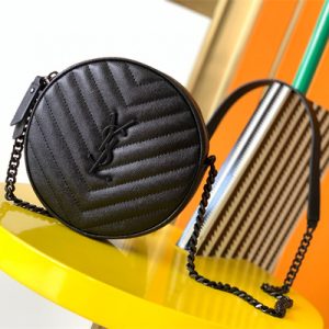 Y.S.L VINYLE ROUND CAMERA BAG IN Black Chevron Quilted Grain De Poudre Embossed Leather Black Tone Metal