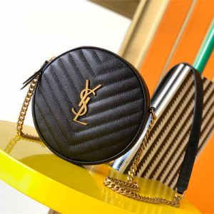 Y.S.L VINYLE ROUND CAMERA BAG IN Black Chevron Quilted Grain De Poudre Embossed Leather Gold Tone Metal