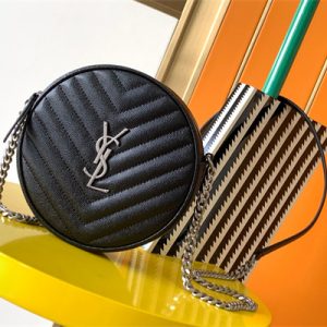 Y.S.L VINYLE ROUND CAMERA BAG IN Black Chevron Quilted Grain De Poudre Embossed Leather Silver Tone Metal