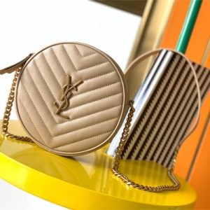 Y.S.L VINYLE ROUND CAMERA BAG IN Beige Chevron Quilted Grain De Poudre Embossed Leather Gold Tone Metal