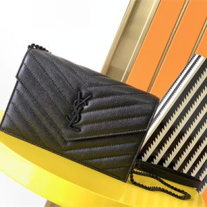 Y.S.L CASSANDRA ENVELOPE CHAIN WALLET IN GRAIN DEPOUDRE LEATHER Black Color Black Tone Metal