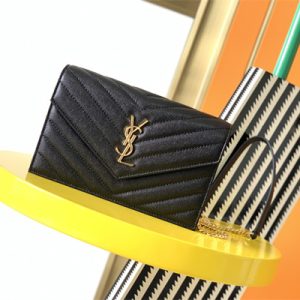 Y.S.L CASSANDRA ENVELOPE CHAIN WALLET IN GRAIN DEPOUDRE LEATHER Black Color Gold Tone Metal