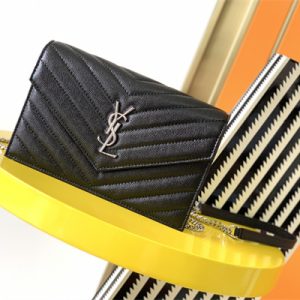 Y.S.L CASSANDRA ENVELOPE CHAIN WALLET IN GRAIN DEPOUDRE LEATHER Black Color Silver Tone Metal