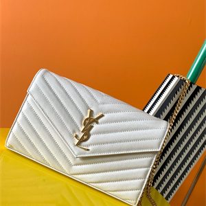 Y.S.L CLASSIC CASSANDRA CHAIN WALLET IN GRAIN DEPOUDRE LEATHER White Color Gold Tone Metal