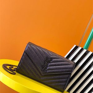 Y.S.L CLASSIC CASSANDRA CHAIN WALLET IN GRAIN DEPOUDRE LEATHER Black Color Black Tone Metal