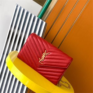 Y.S.L CLASSIC CASSANDRA CHAIN WALLET IN GRAIN DEPOUDRE LEATHER Red Color Gold Tone Metal