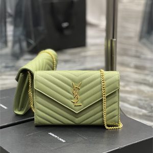 Y.S.L CLASSIC CASSANDRA CHAIN WALLET IN GRAIN DEPOUDRE LEATHER Lt Green Color Gold Tone Metal