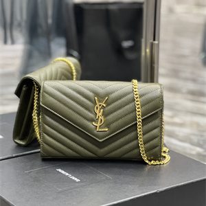 Y.S.L CLASSIC CASSANDRA CHAIN WALLET IN GRAIN DEPOUDRE LEATHER Dk Green Color Gold Tone Metal