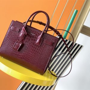 Y.S.L SAC DE JOUR BABY In Burgundy Corcodile Embossed Leather Silver Tone Metal