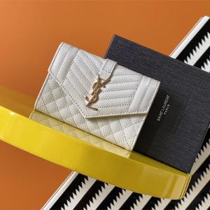 Y.S.L SMALL ENVELOPE WALLET IN MIX MATELASS?? GRAIN DE POUDRE EMBOSSED LEATHER White Color Gold Tone Metal