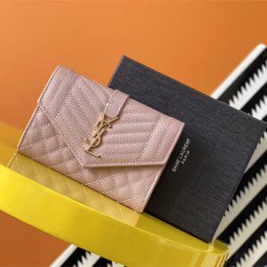 Y.S.L SMALL ENVELOPE WALLET IN MIX MATELASS?? GRAIN DE POUDRE EMBOSSED LEATHER Pink Color Gold Tone Metal