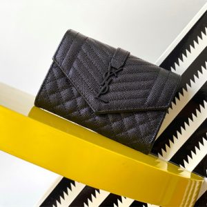 Y.S.L SMALL ENVELOPE WALLET IN MIX MATELASS?? GRAIN DE POUDRE EMBOSSED LEATHER Black Color Black Tone Metal
