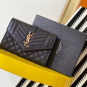 Y.S.L SMALL ENVELOPE WALLET IN MIX MATELASS?? GRAIN DE POUDRE EMBOSSED LEATHER Black Color Gold Tone Metal