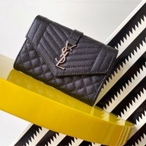 Y.S.L SMALL ENVELOPE WALLET IN MIX MATELASS?? GRAIN DE POUDRE EMBOSSED LEATHER Black Color Silver Tone Metal