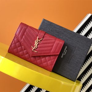 Y.S.L SMALL ENVELOPE WALLET IN MIX MATELASS?? GRAIN DE POUDRE EMBOSSED LEATHER Red Color Gold Tone Metal