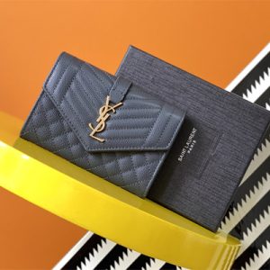 Y.S.L SMALL ENVELOPE WALLET IN MIX MATELASS?? GRAIN DE POUDRE EMBOSSED LEATHER Dk Grey Color Gold Tone Metal